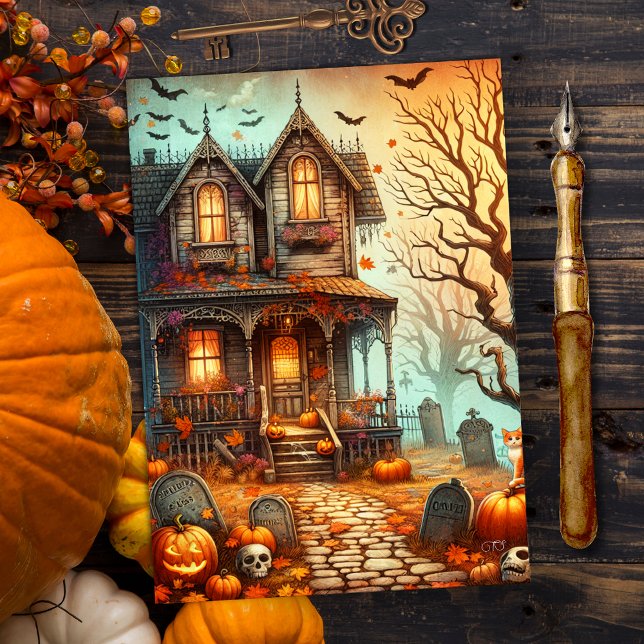 Cartes Pour Fêtes Annuelles Halloween vintage Haunween Haunted House Fall (Créateur téléchargé)