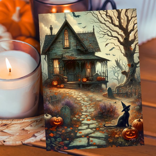 Cartes Pour Fêtes Annuelles Halloween vintage Haunween Haunted House Fall (Créateur téléchargé)