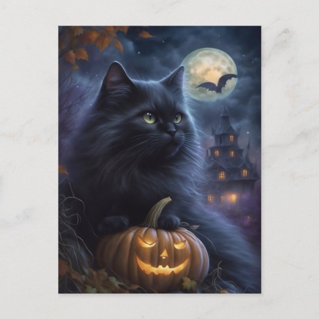 Cartes Pour Fêtes Annuelles Halloween Whimsical Chat noir et Pleine lune (Devant)