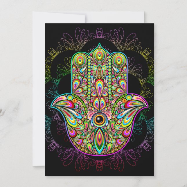 Cartes Pour Fêtes Annuelles Hamsa Fatma Main Psychedelic Art (Devant)