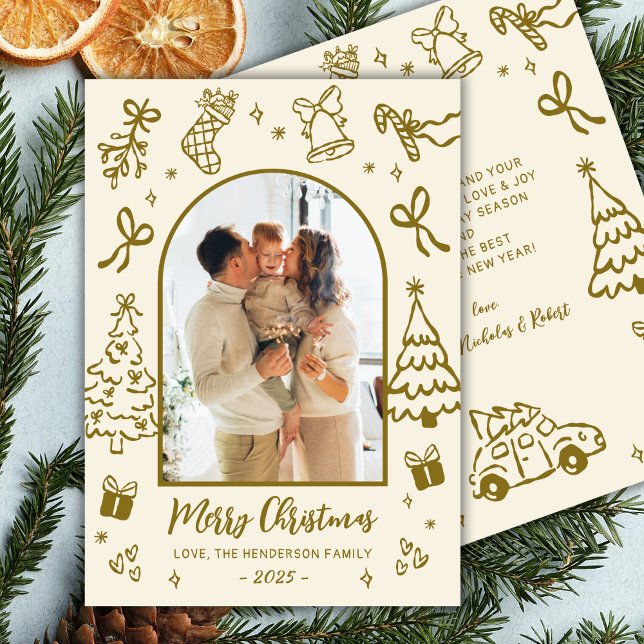 Cartes Pour Fêtes Annuelles Hand-Drawn Arch Photo Gold Beige Merry Christmas  (Créateur téléchargé)