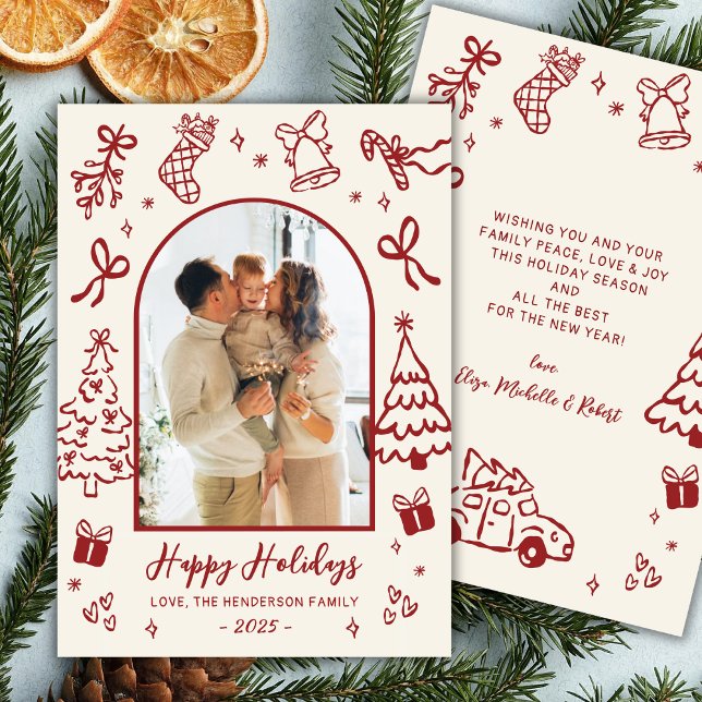 Cartes Pour Fêtes Annuelles Hand-Drawn Arch Photo Red Beige Christmas Happy (Créateur téléchargé)