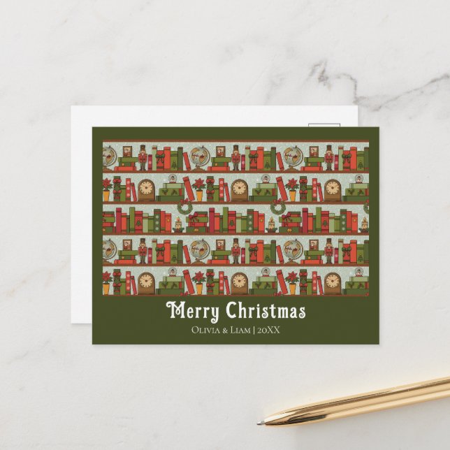 Cartes Pour Fêtes Annuelles Hand Drawn Bookshelf Print Custom Holiday Postcard (Devant/Arrière en situation)