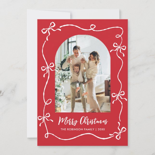 Cartes Pour Fêtes Annuelles Hand Drawn Bows Arch 2 Photo Merry Christmas Red (Devant)