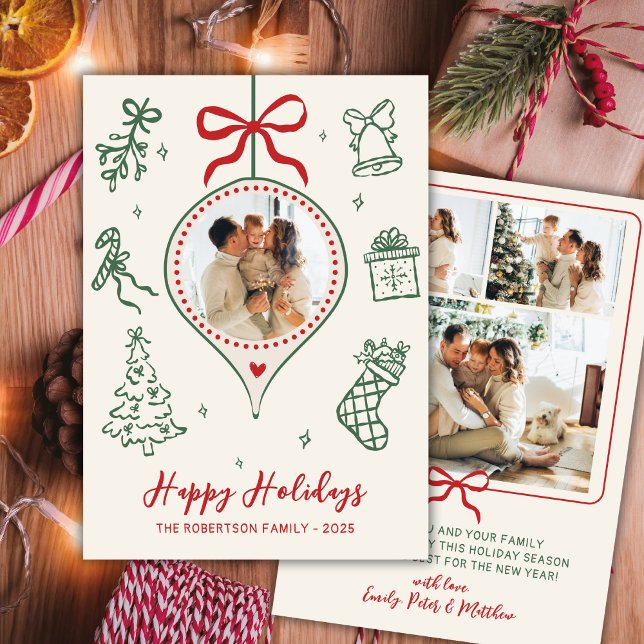 Cartes Pour Fêtes Annuelles Hand-Drawn Doodle Green Red Photo Christmas Happy (Créateur téléchargé)
