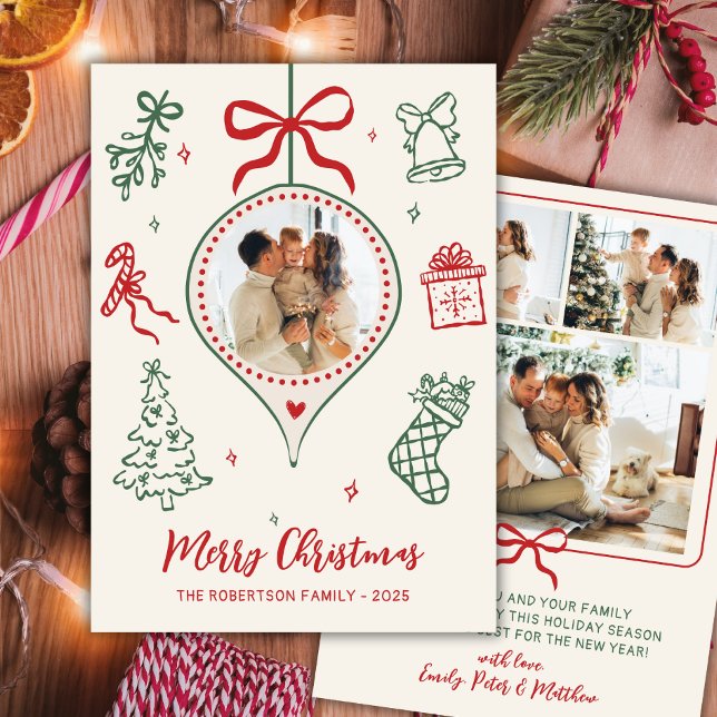 Cartes Pour Fêtes Annuelles Hand-Drawn Doodle Green Red Photo Merry Christmas (Créateur téléchargé)