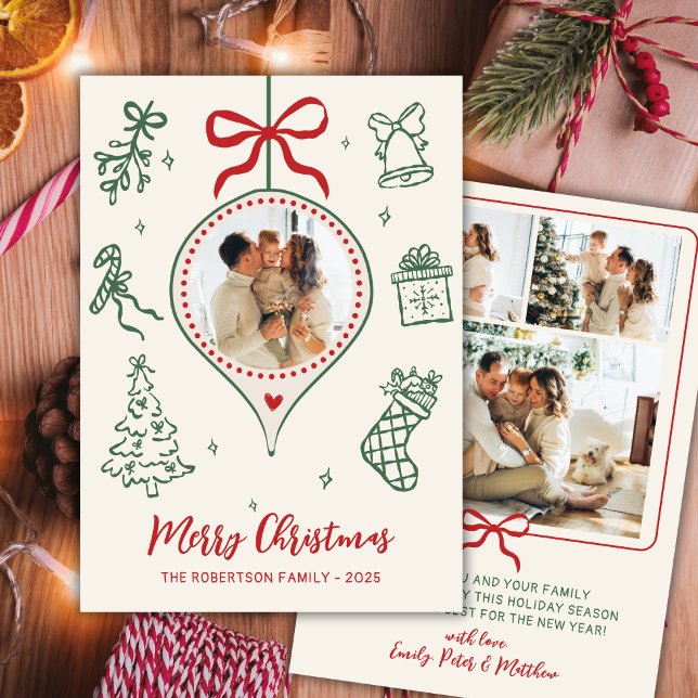 Cartes Pour Fêtes Annuelles Hand-Drawn Doodle Green Red Photo Merry Christmas (Créateur téléchargé)