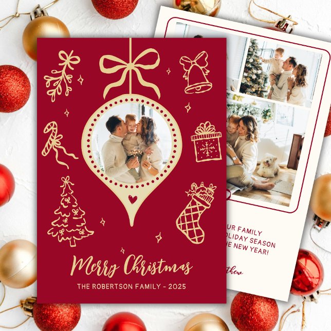 Cartes Pour Fêtes Annuelles Hand-Drawn Doodle Red Gold Photo Merry Christmas (Créateur téléchargé)
