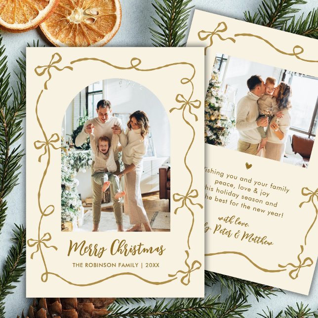 Cartes Pour Fêtes Annuelles Hand Drawn Gold Bows Arch Photo Merry Christmas (Créateur téléchargé)