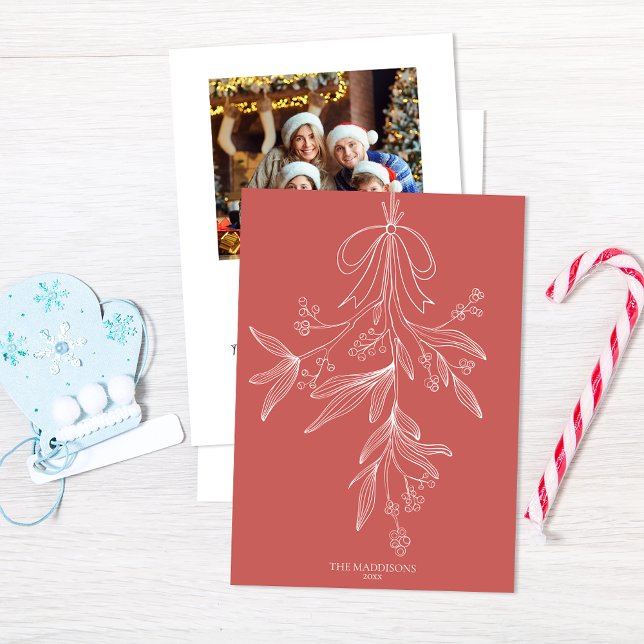 Cartes Pour Fêtes Annuelles Hand Drawn Mistletoe & Bow Christmas Dusty Red (Créateur téléchargé)