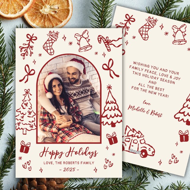 Cartes Pour Fêtes Annuelles Hand-Drawn Red Doodle Arch Photo Christmas Happy  (Créateur téléchargé)