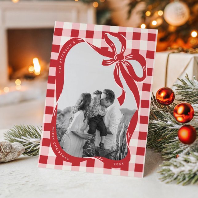 Cartes Pour Fêtes Annuelles Hand Drawn Red & Pink Family Photo Christmas Card (Créateur téléchargé)