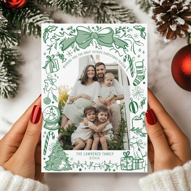 Cartes Pour Fêtes Annuelles Hand Drawn Scribble Bow Green Arch Photo Christmas (Hand drawn Christmas bow tree green scribbles doodles simple whimsical cute arch photo holiday card)