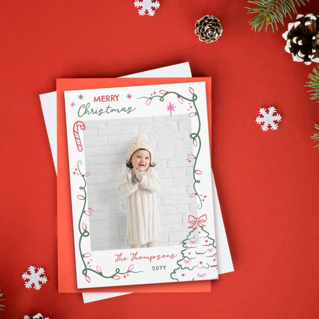 Cartes Pour Fêtes Annuelles Hand-Drawn String Lights & Tree Merry Christmas (Créateur téléchargé)