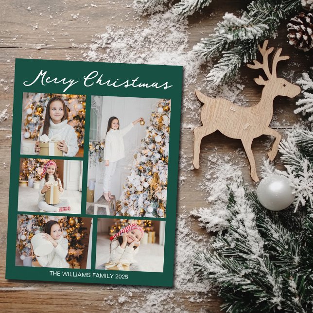 Cartes Pour Fêtes Annuelles Handwritten Merry Christmas Photo Collage Green (Créateur téléchargé)