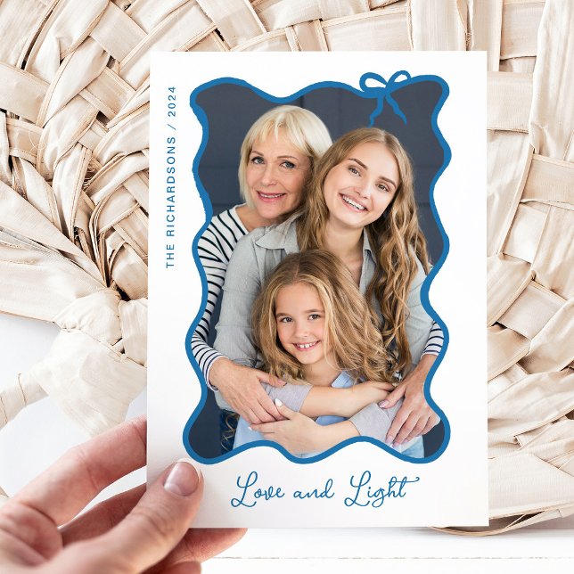 Cartes Pour Fêtes Annuelles Hanoukka Bow | Cadre photo bleu et blanc (Créateur téléchargé)