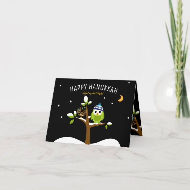 Cartes Pour Fêtes Annuelles Hanoukka Cute Owl & Menorah Éclairer la nuit (Devant)