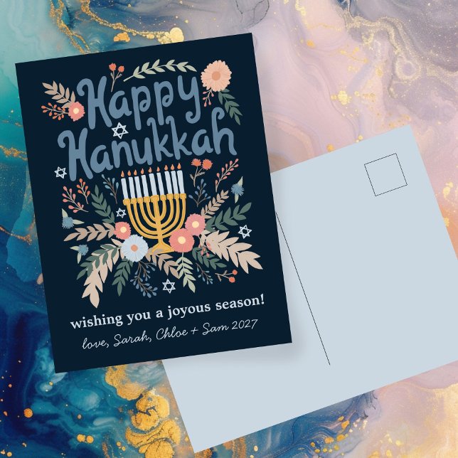 Cartes Pour Fêtes Annuelles Hanoukka FLorals Art dessiné à la main (Hanukkah FLorals Hand-drawn Art CUSTOM Holiday Postcard
)
