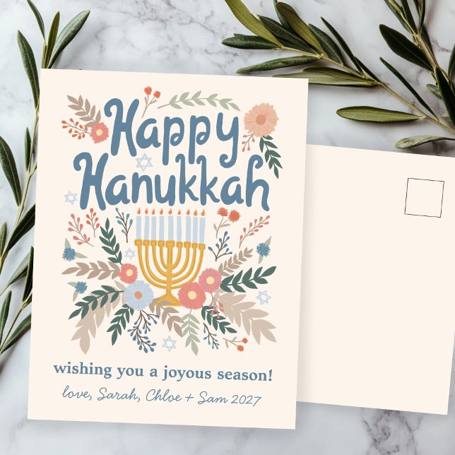 Cartes Pour Fêtes Annuelles Hanoukka FLorals Art dessiné à la main (Hanukkah FLorals Hand-drawn Art CUSTOM Holiday Postcard
)