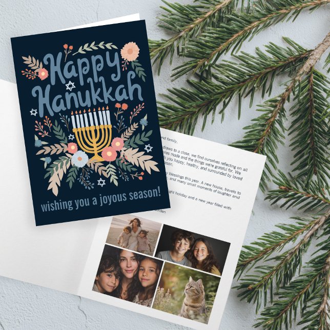 Cartes Pour Fêtes Annuelles Hanoukka FLorals Art dessiné à la main CUSTOM 4 PH (Hanukkah FLorals Hand-drawn Art CUSTOM 4 PHOTO Holiday Card
)
