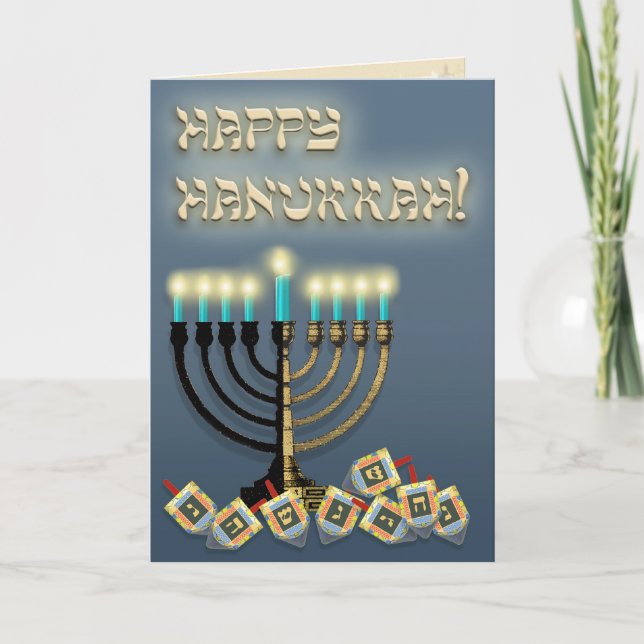 Cartes Pour Fêtes Annuelles Hanoukka Menorah et Dreidels (Devant)