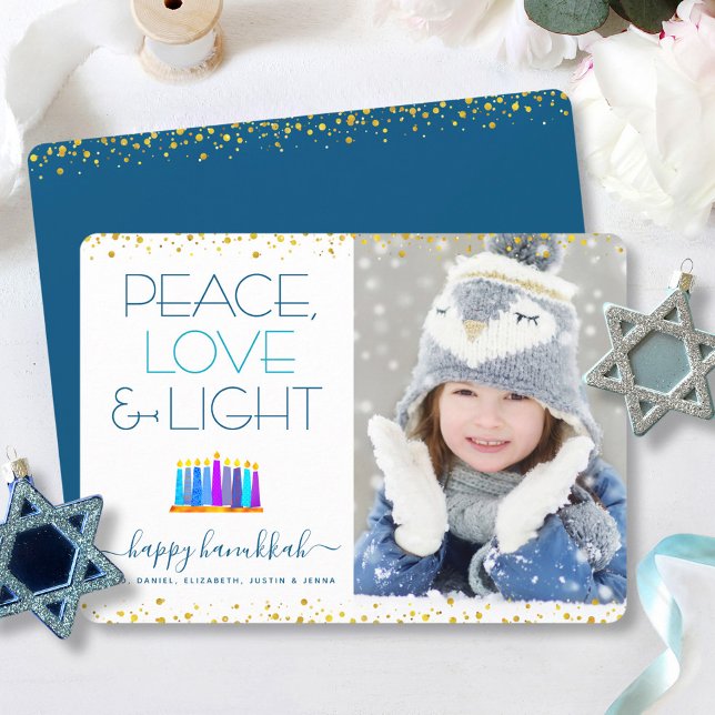 Cartes Pour Fêtes Annuelles Hanoukka Menorah Moderne Paix Amour Lumière Photo (Créateur téléchargé)