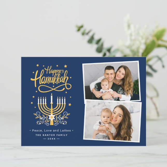 Cartes Pour Fêtes Annuelles Hanoukka moderne Happy Love Latkes 2 Photo (Debout devant)