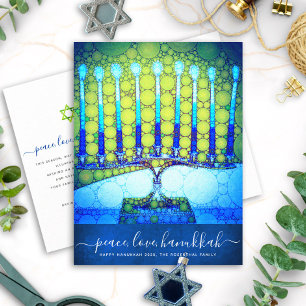 Cartes Pour Fêtes Annuelles Hanoukka moderne Script bleu vert Menorah élégant