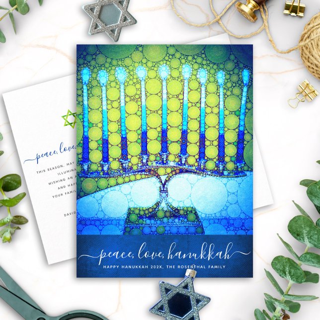 Cartes Pour Fêtes Annuelles Hanoukka moderne Script bleu vert Menorah élégant (Créateur téléchargé)