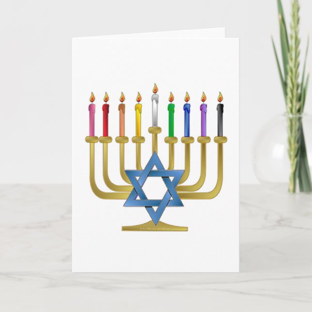 Cartes Pour Fêtes Annuelles Hanoukka Rainbow Candles Gold Menorah (Devant)