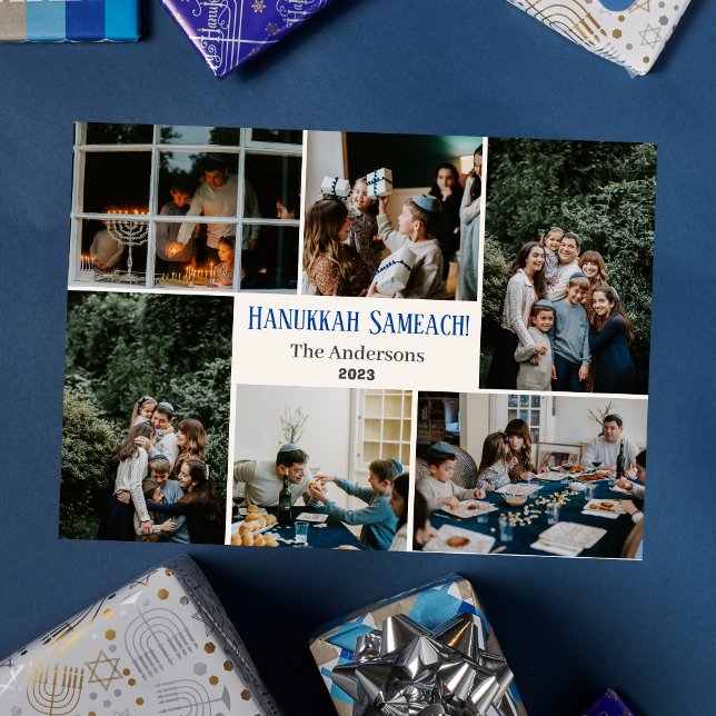 Cartes Pour Fêtes Annuelles Hanoukka Typographie Famille bleue photo Collage (Créateur téléchargé)