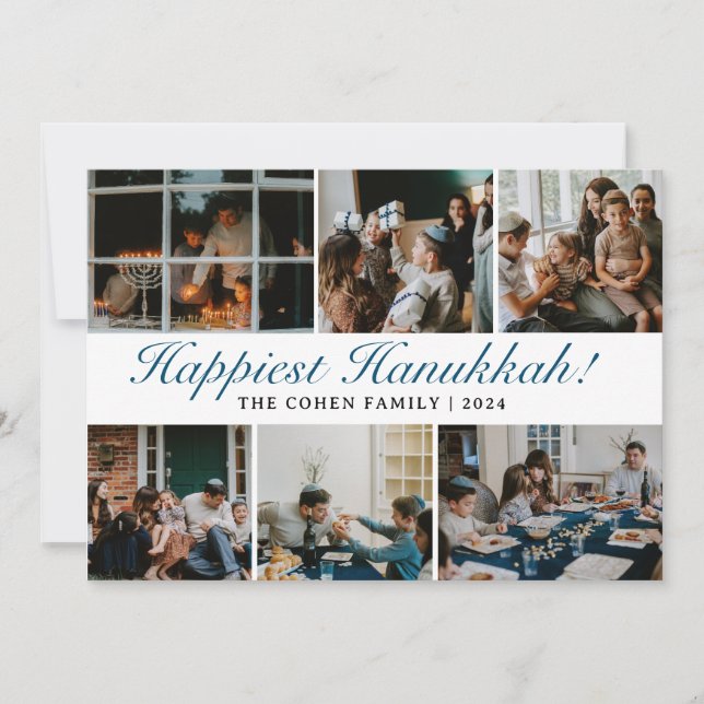 Cartes Pour Fêtes Annuelles Hanoukka Typographie Famille bleue photo Collage (Devant)