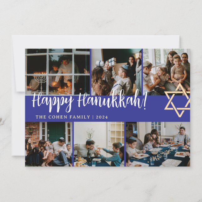 Cartes Pour Fêtes Annuelles Hanoukka Typographie Famille bleue photo Collage (Devant)