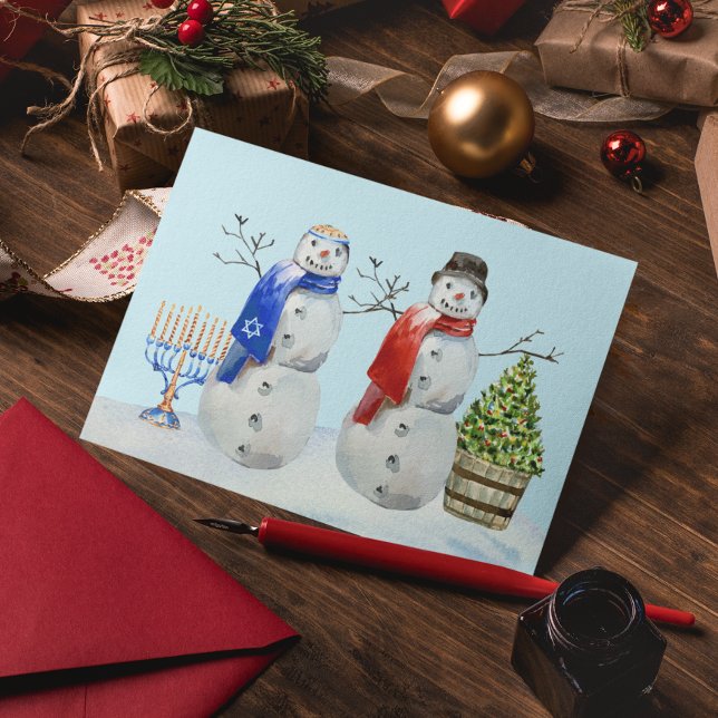 Cartes Pour Fêtes Annuelles Hanukkah et Bonhomme de neige de Noël à l'aquarell (Créateur téléchargé)