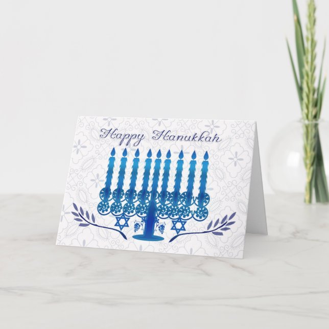 Cartes Pour Fêtes Annuelles hanukkah holiday card witmenorah in blue and whi (Devant)