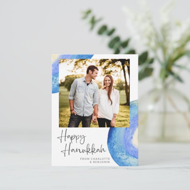 Cartes Pour Fêtes Annuelles Hanukkah | Photo abstraite moderne aquarelle bleue (Debout devant)