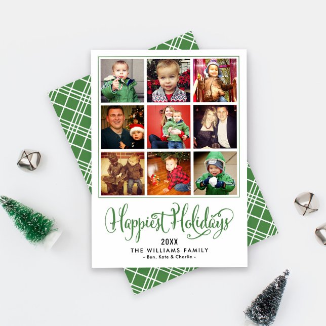 Cartes Pour Fêtes Annuelles Happiest Holidays Green Script Photo Collage (Créateur téléchargé)