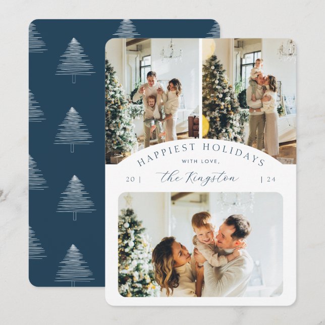 Cartes Pour Fêtes Annuelles Happiest Holidays | Navy Blue 3 Photo Rounded (Devant / Derrière)