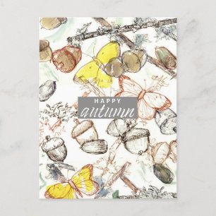 Cartes Pour Fêtes Annuelles Happy Automne Acorns Lichen Papillons Aquarelle