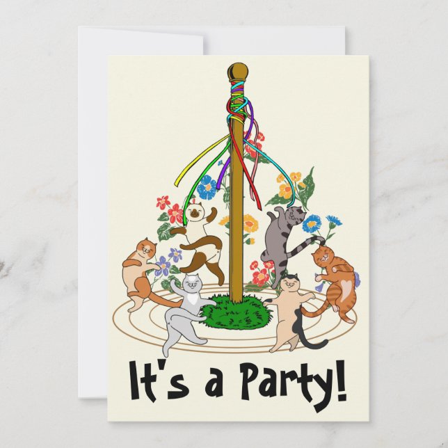 Cartes Pour Fêtes Annuelles Happy Cats Danser Autour De Maypole Party Invitati (Devant)