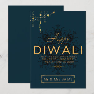 Cartes Pour Fêtes Annuelles Happy Diwali personnalisable marine et or