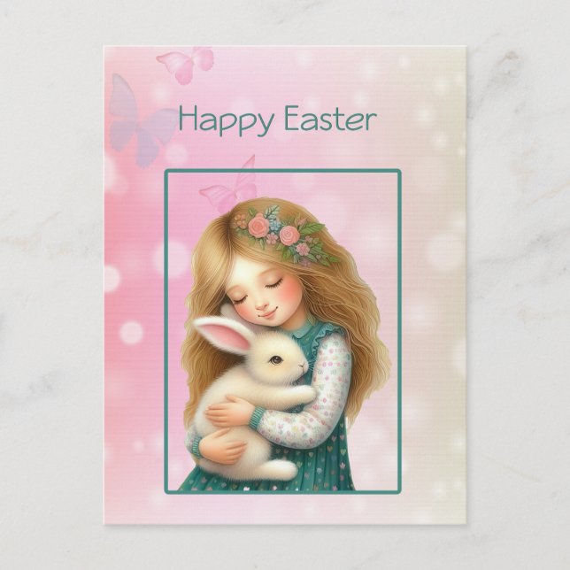 Cartes Pour Fêtes Annuelles Happy Easter with Cute Girl and Bunny Card (Devant)