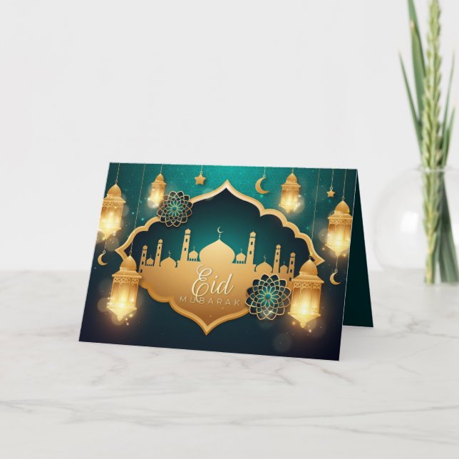 Cartes Pour Fêtes Annuelles Happy Eid Gold Cresent Star islamique Lantern Flor (Devant)