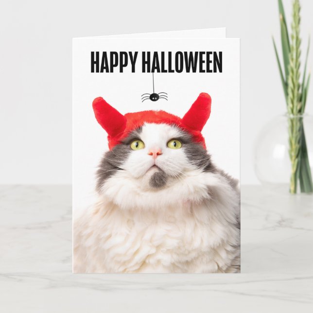 Cartes Pour Fêtes Annuelles Happy Halloween Chat en costume diable avec araign (Devant)
