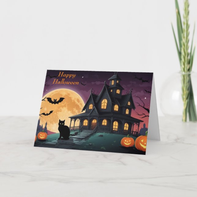 Cartes Pour Fêtes Annuelles Happy Halloween Chat noir et Maison hantée (Devant)