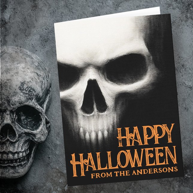 Cartes Pour Fêtes Annuelles Happy Halloween déplaisant crâne fantôme noir oran (Happy Halloween creepy ghost skull black orange Holiday Card)