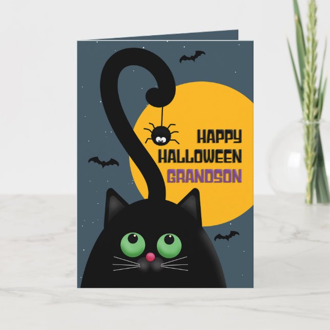 Cartes Pour Fêtes Annuelles Happy Halloween Grand-fils Chat noir avec araignée (Devant)