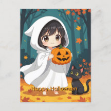 Happy Halloween petite fille Fantôme et chat noir