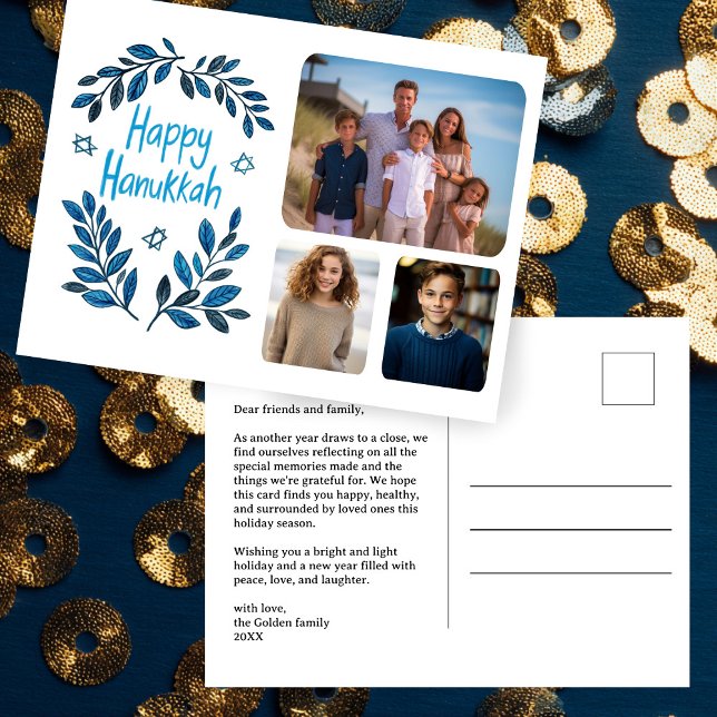 Cartes Pour Fêtes Annuelles Happy Hanoukka Botanical Watercolor CUSTOM 3 Photo (Happy Hanukkah Botanical Watercolor CUSTOM 3 Photo Holiday Postcard
)