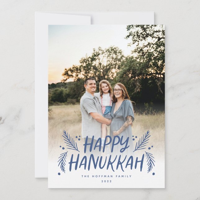 Cartes Pour Fêtes Annuelles Happy Hanoukka Main dessinée Feuilles neige bleu p (Devant)